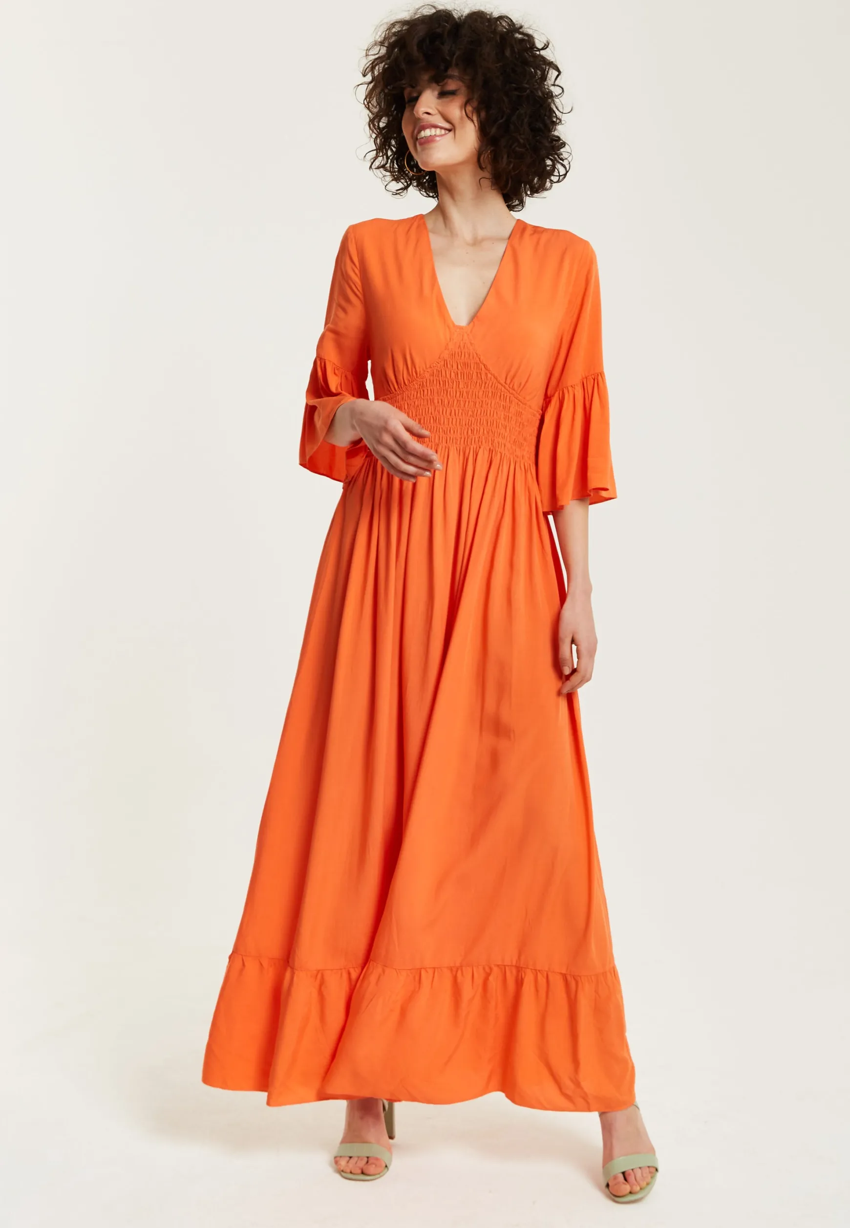 Women's Maxi Dress - Vibrant Orange with Frill Sleeves - Elegant V-Neck Design - Comfortable Regular Fit - Liquorish