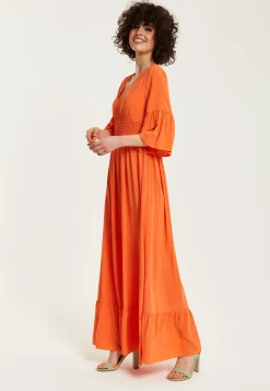 Women's Maxi Dress - Vibrant Orange with Frill Sleeves - Elegant V-Neck Design - Comfortable Regular Fit - Liquorish