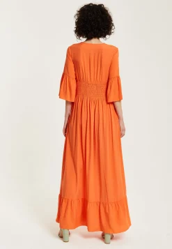 Women's Maxi Dress - Vibrant Orange with Frill Sleeves - Elegant V-Neck Design - Comfortable Regular Fit - Liquorish