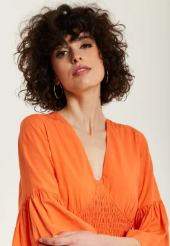 Women's Maxi Dress - Vibrant Orange with Frill Sleeves - Elegant V-Neck Design - Comfortable Regular Fit - Liquorish