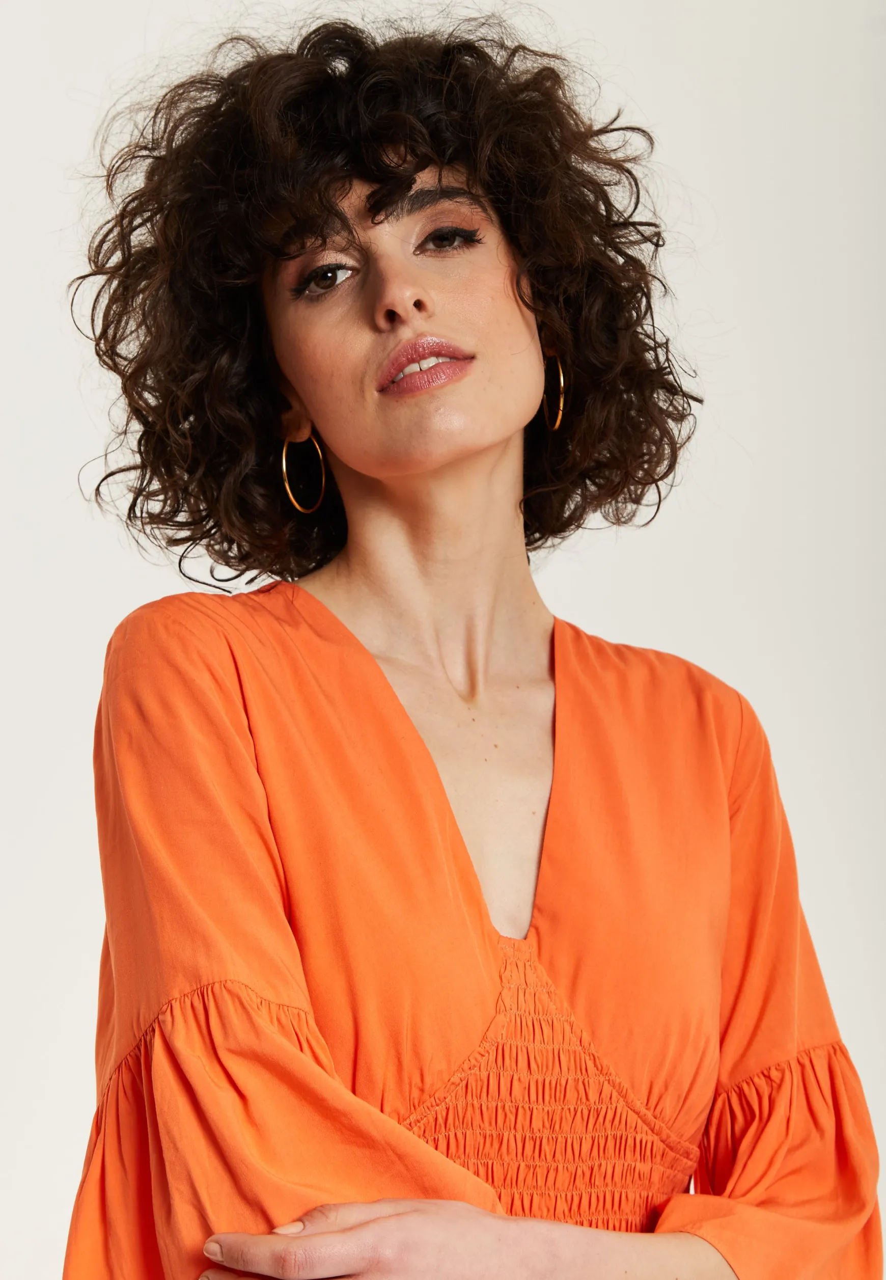 Women's Maxi Dress - Vibrant Orange with Frill Sleeves - Elegant V-Neck Design - Comfortable Regular Fit - Liquorish