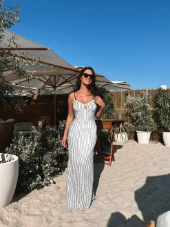 Women's Maxi Dress in Black & White with Spaghetti Straps and Bodycon Fit - Liquorish