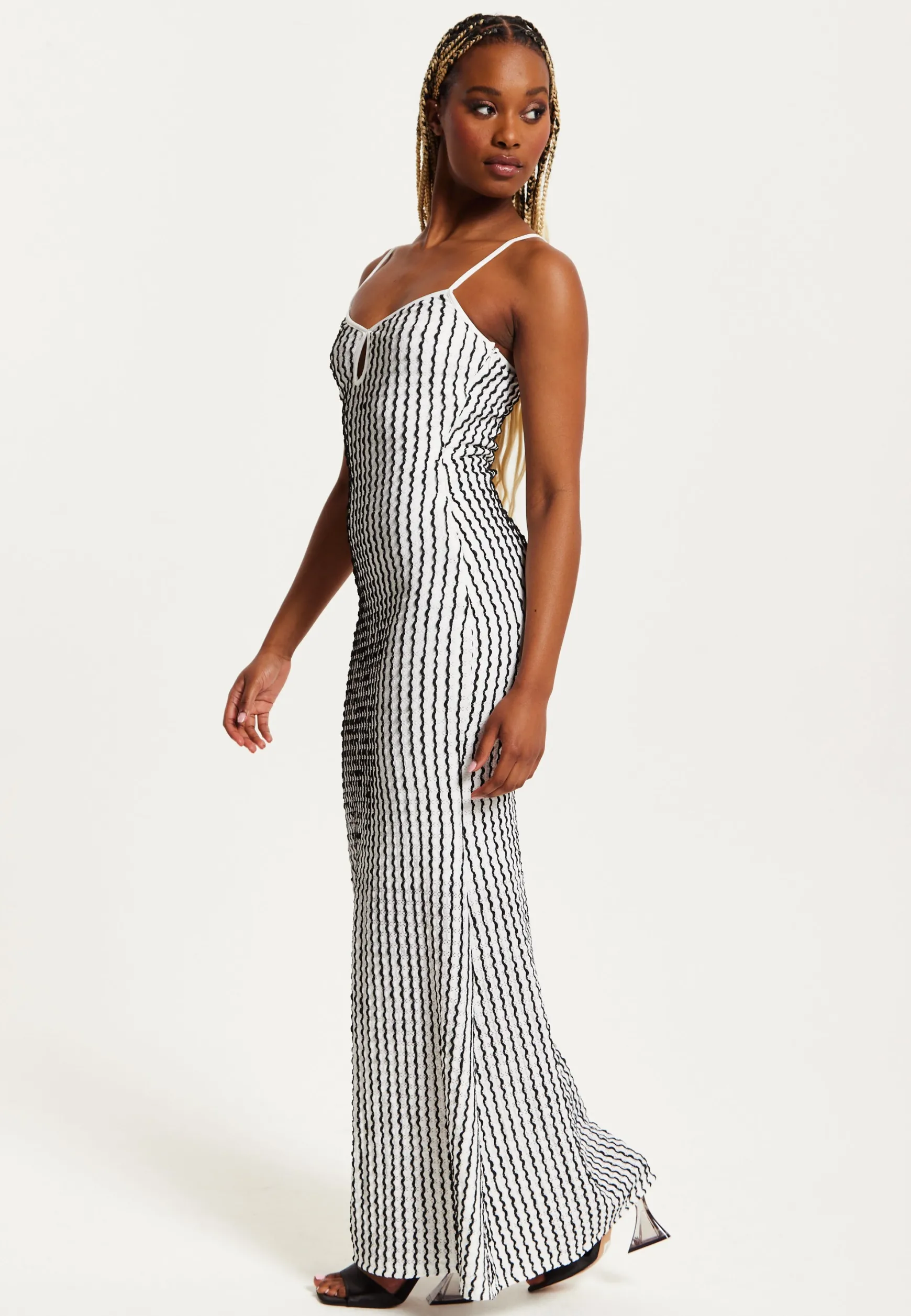 Women's Maxi Dress in Black & White with Spaghetti Straps and Bodycon Fit - Liquorish