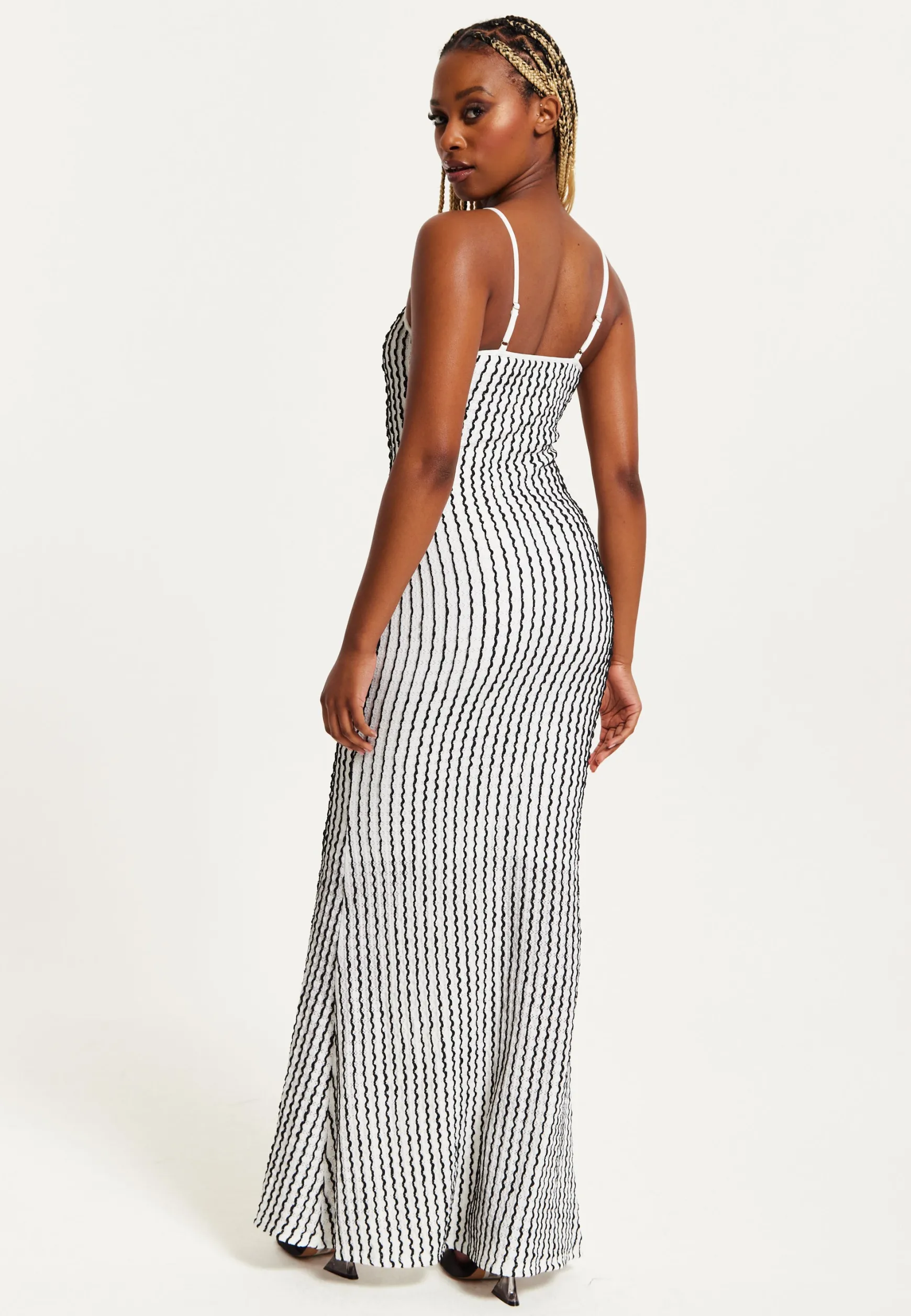 Women's Maxi Dress in Black & White with Spaghetti Straps and Bodycon Fit - Liquorish