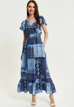 Women's Maxi Dress in Blue Tile Print with Short Sleeves and Open Back Tie Detail - Liquorish