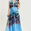 Women’s Maxi Dress in Blue with Sleeveless Design and Deep V Neck - Liquorish