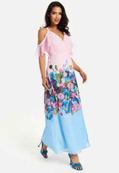 Women's Maxi Dress in Blue & Pink Floral Print with Cold Shoulder & Frill Details - Wrap Style by Liquorish
