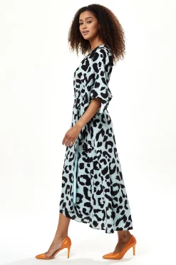 Women's Maxi Dress in Blue with Kimono Sleeves and Tie Waist - Liquorish Animal Print