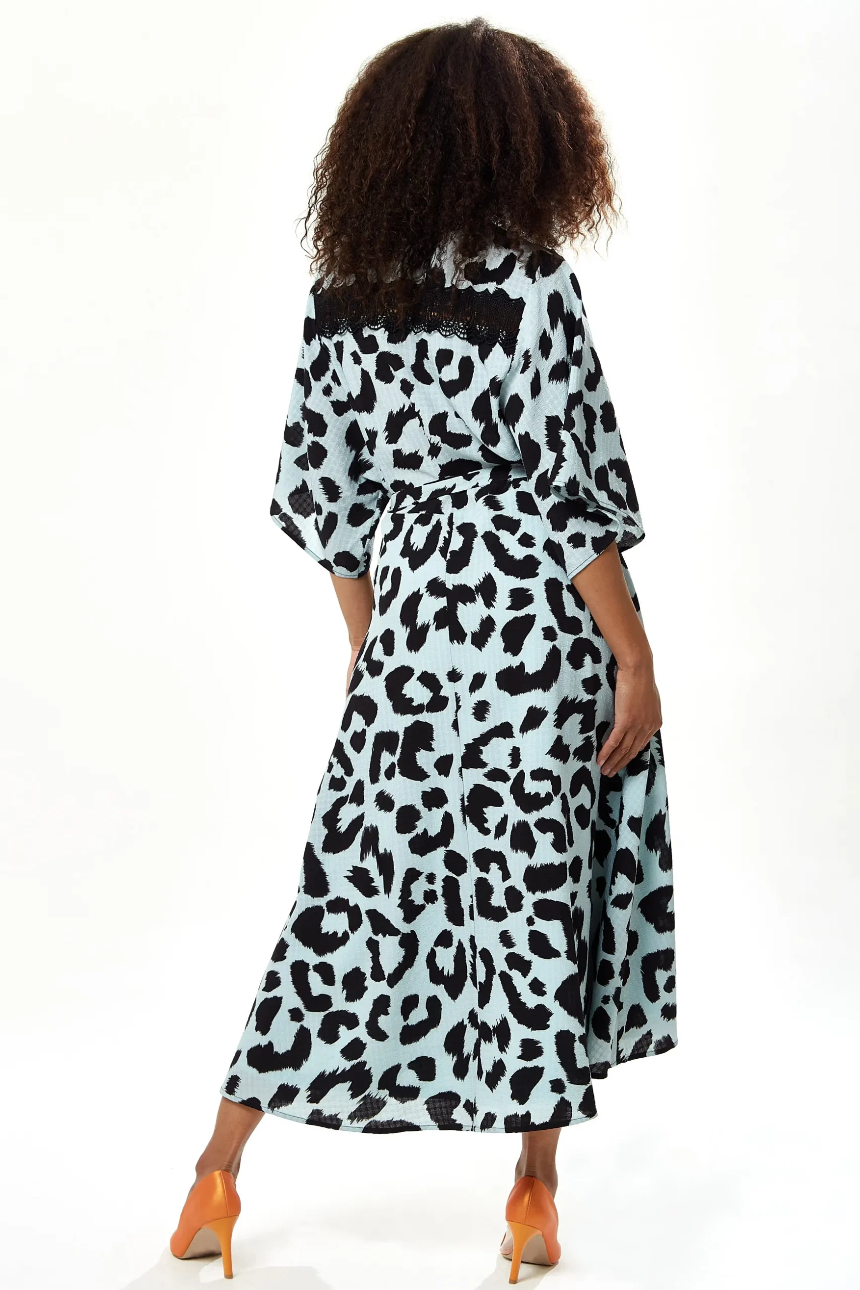 Women's Maxi Dress in Blue with Kimono Sleeves and Tie Waist - Liquorish Animal Print