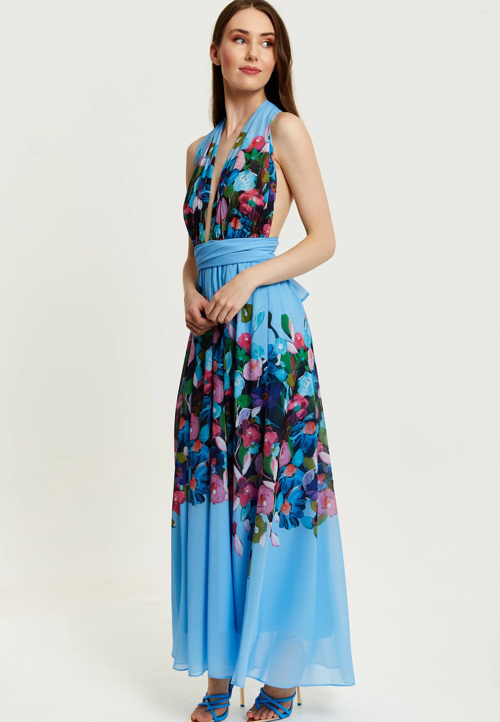 Women’s Maxi Dress in Blue with Sleeveless Design and Deep V Neck - Liquorish
