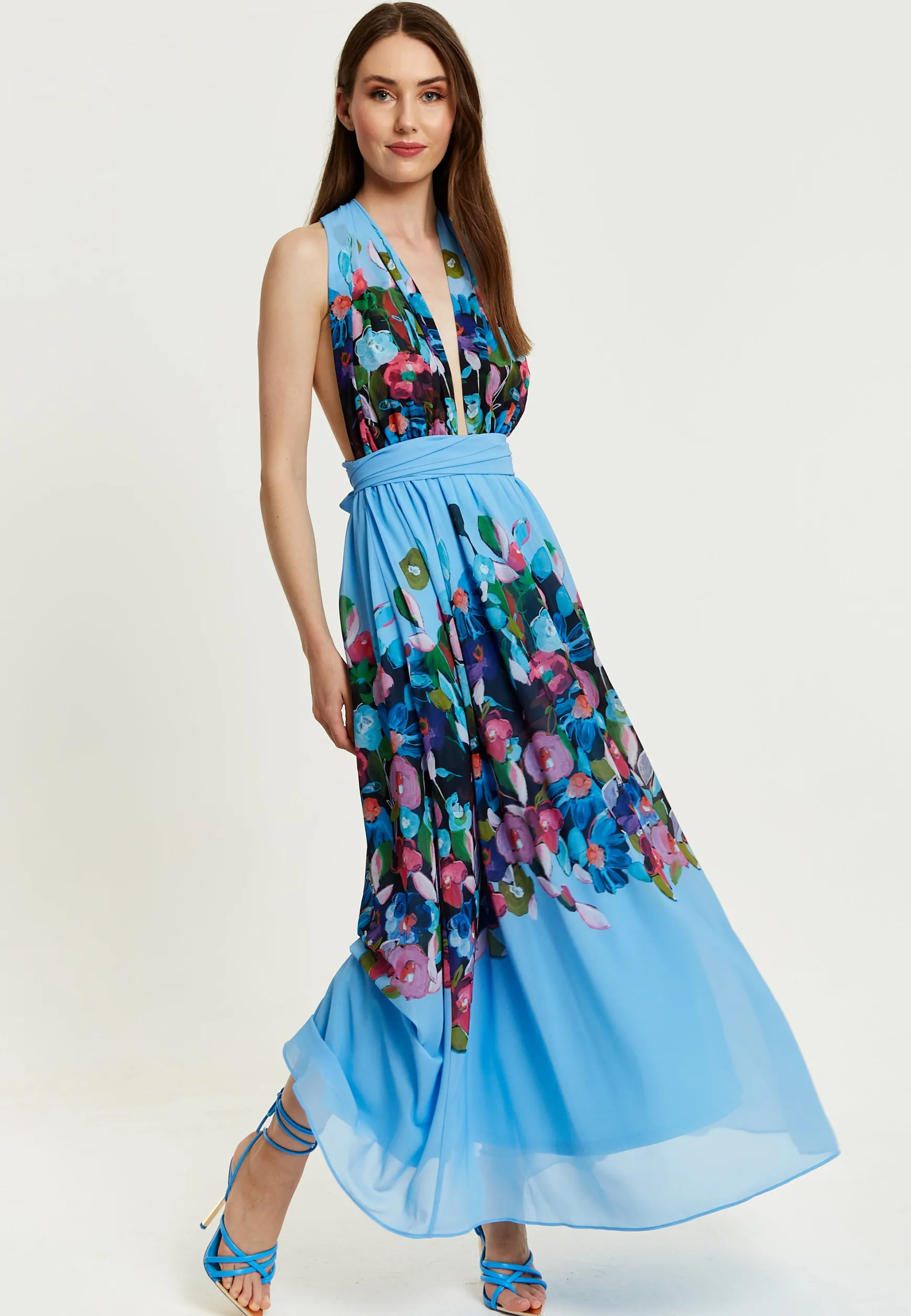 Women’s Maxi Dress in Blue with Sleeveless Design and Deep V Neck - Liquorish