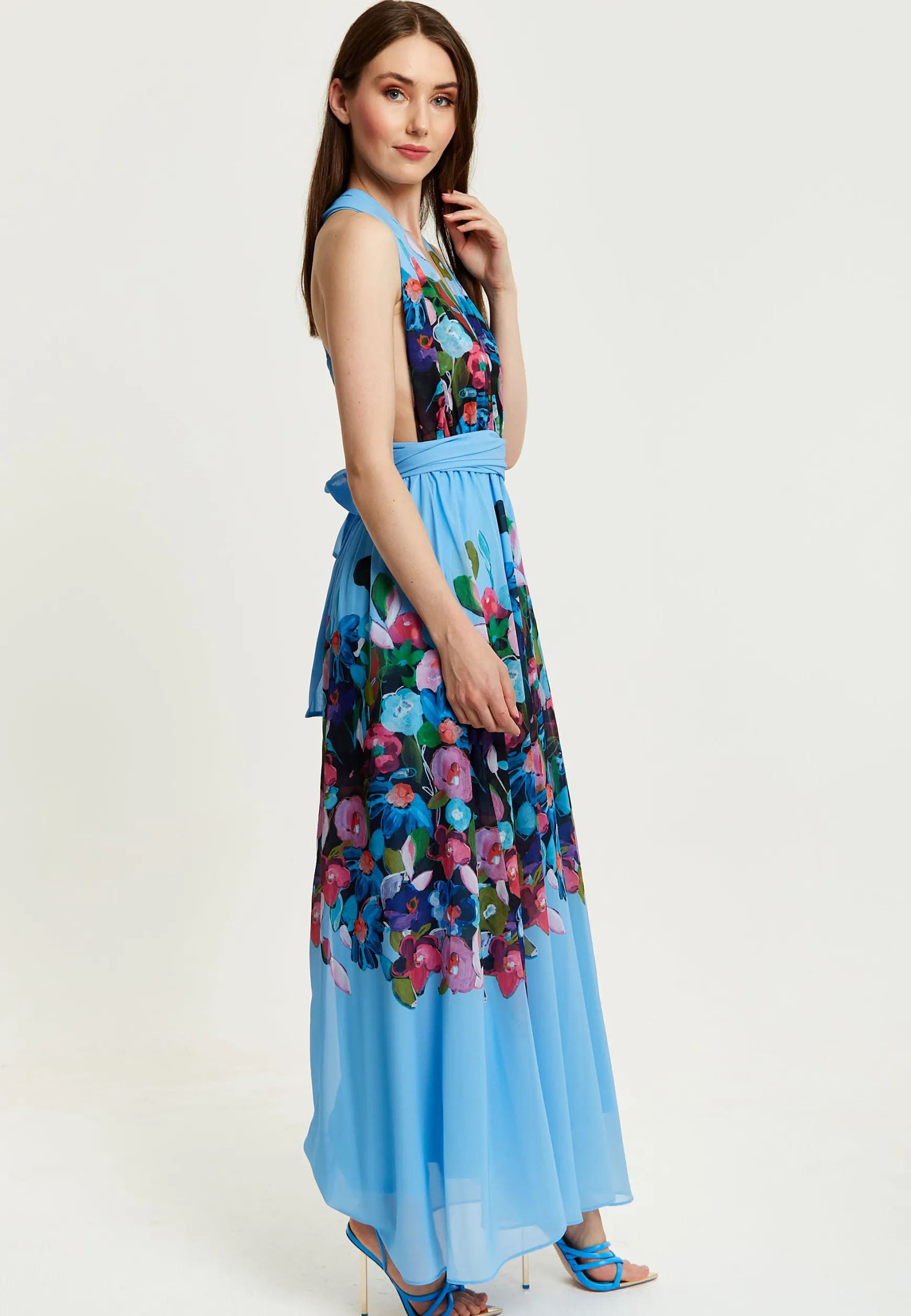 Women’s Maxi Dress in Blue with Sleeveless Design and Deep V Neck - Liquorish