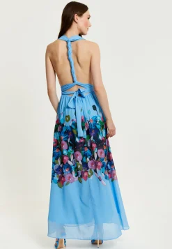Women’s Maxi Dress in Blue with Sleeveless Design and Deep V Neck - Liquorish