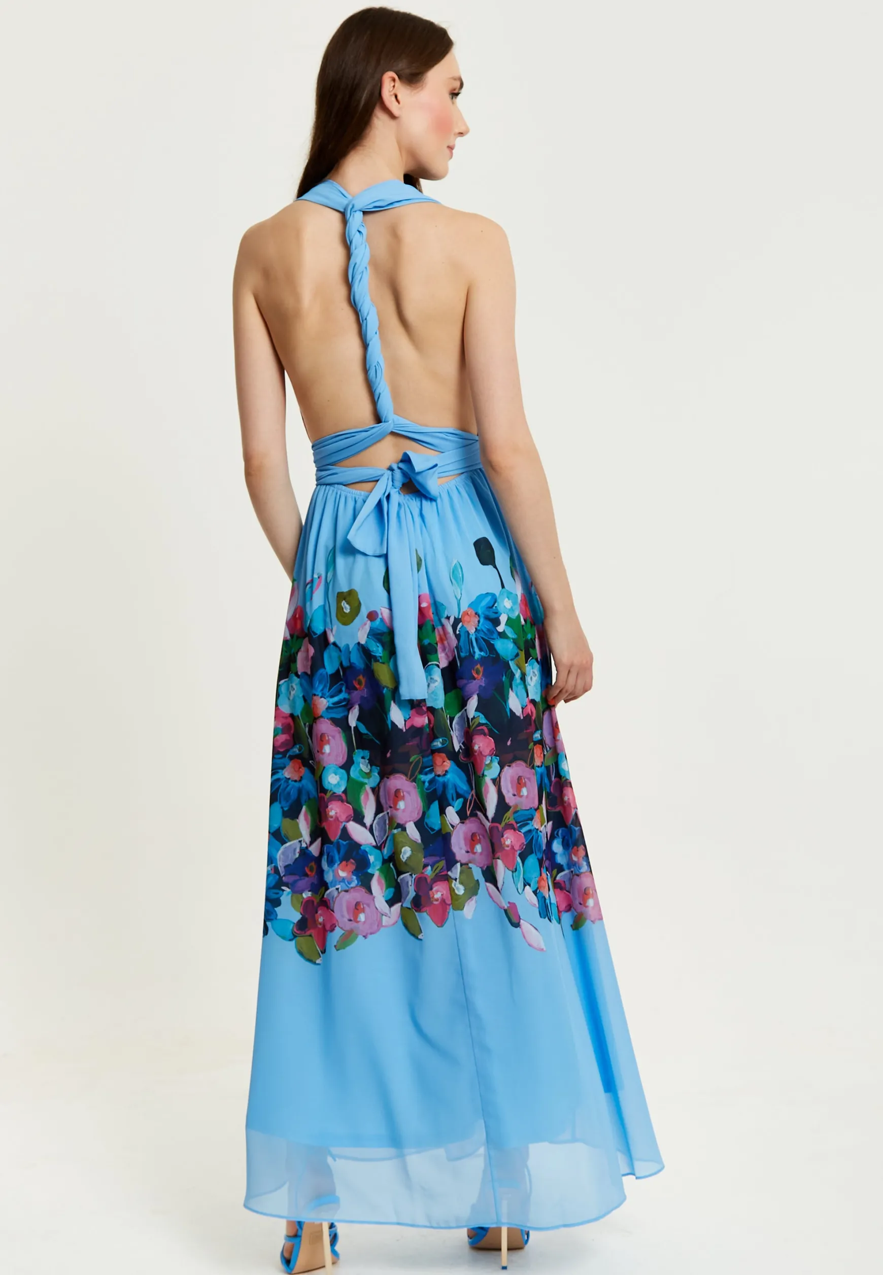 Women’s Maxi Dress in Blue with Sleeveless Design and Deep V Neck - Liquorish