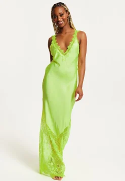 Women's Maxi Dress in Bright Yellow with Lace Detail, Deep V-Neck, and Sleeveless Design - Liquorish