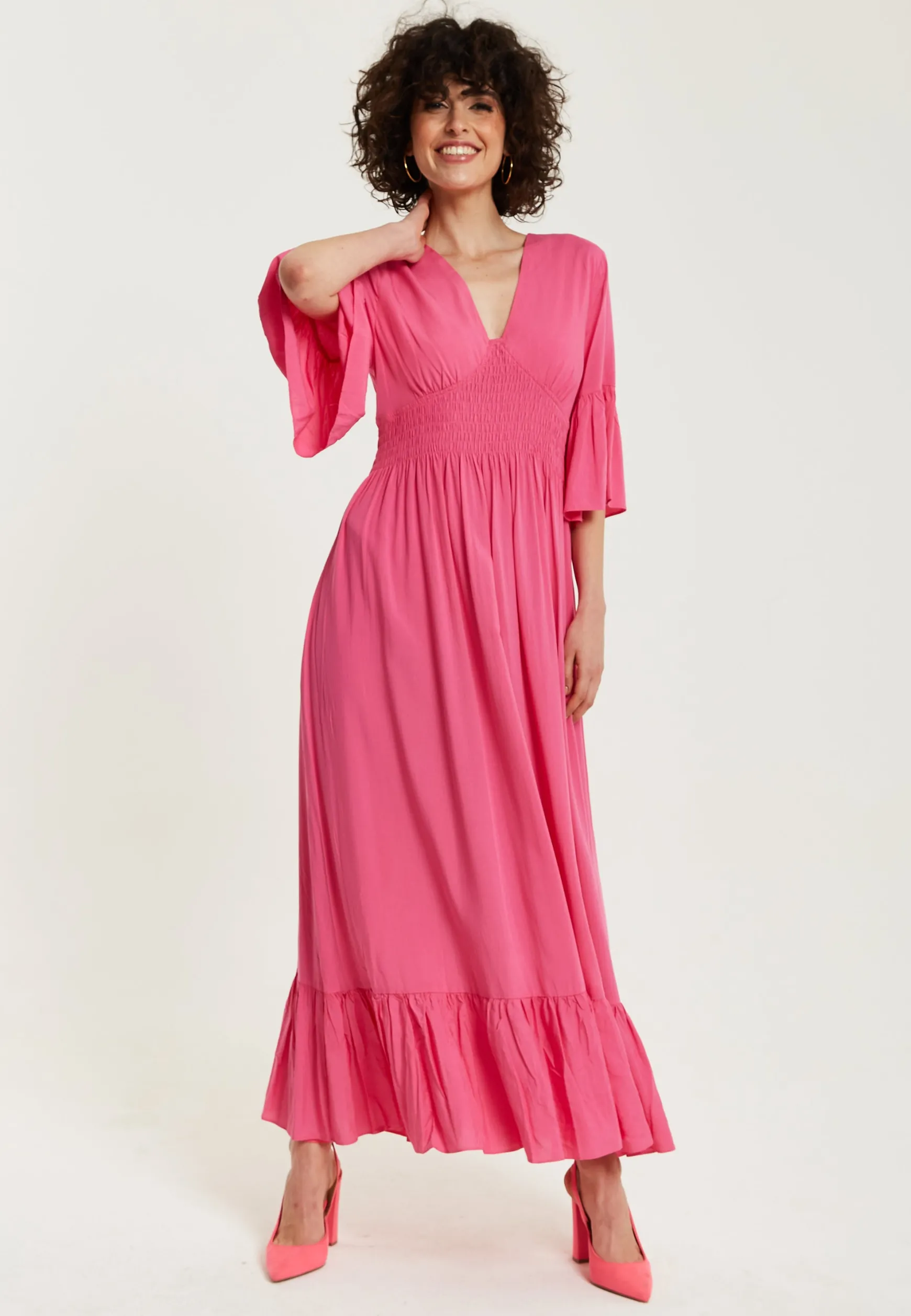 Women's Maxi Dress in Chic Pink with Frill Short Sleeves for Comfort and Style - Liquorish