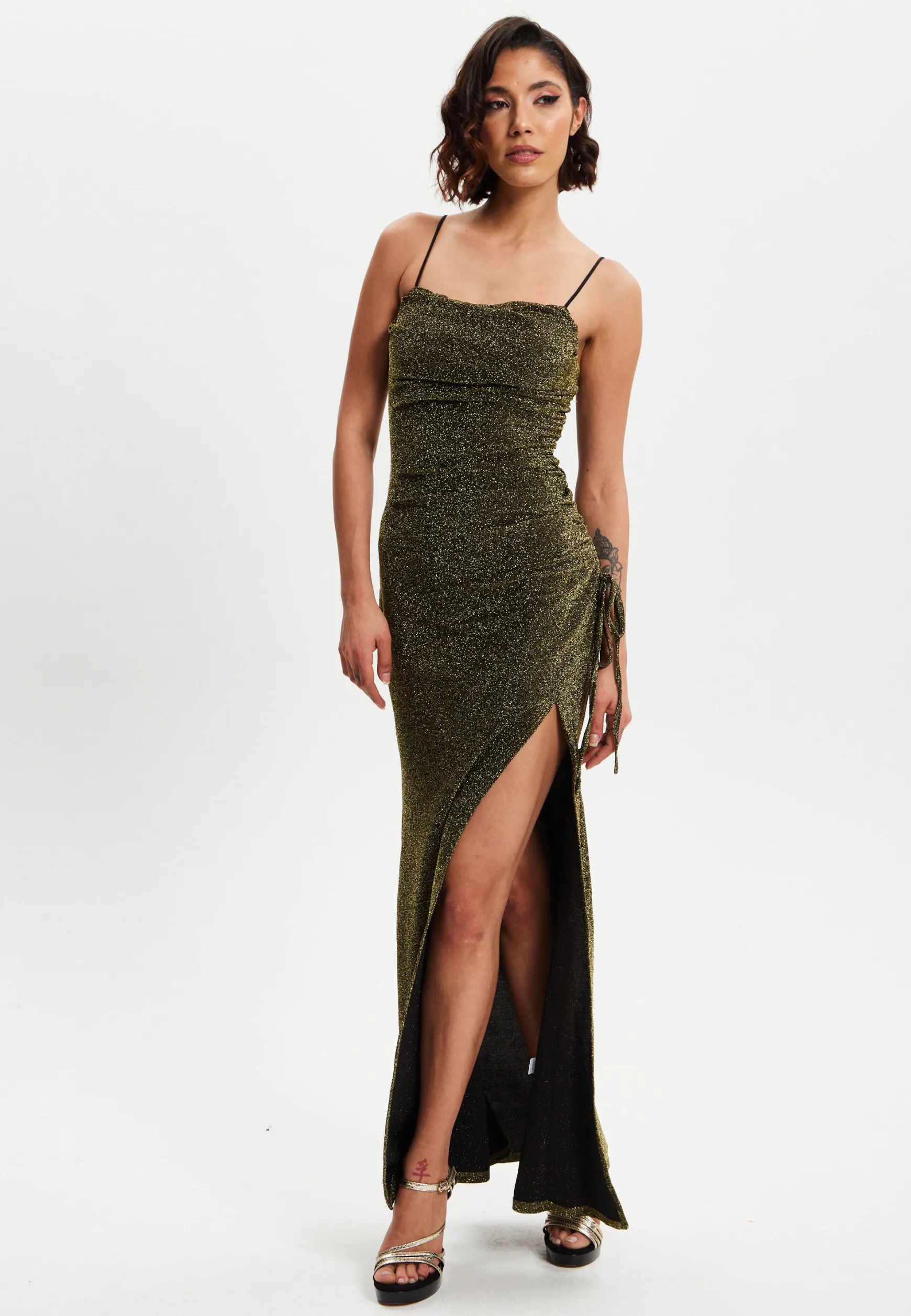 Women's Maxi Dress in Gold with Sleeveless Design and Thigh-High Split - Liquorish