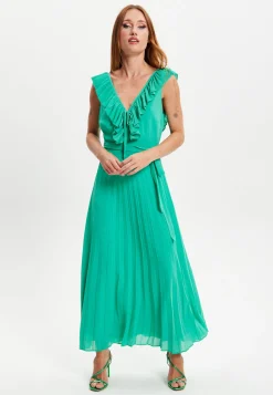 Women's Maxi Dress in Green with Frilled V Neck, Sleeveless Design, Pleated Skirt and Tie Waist - Liquorish