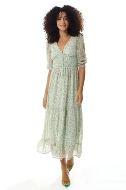 Women's Maxi Dress in Green and White with 3/4 Sleeves and Button Details - Liquorish