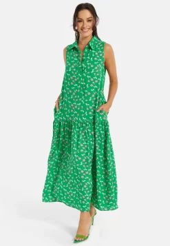 Women's Maxi Dress in Green with Sleeveless Design and Cherry Print by Liquorish