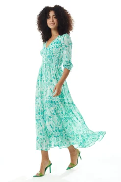 Women's Maxi Dress in Green and White with 3/4 Sleeves and Luxurious Chiffon Fabric - Liquorish