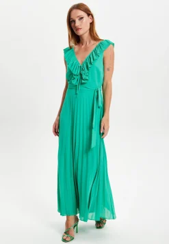 Women's Maxi Dress in Green with Frilled V Neck, Sleeveless Design, Pleated Skirt and Tie Waist - Liquorish