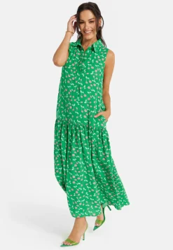 Women's Maxi Dress in Green with Sleeveless Design and Cherry Print by Liquorish