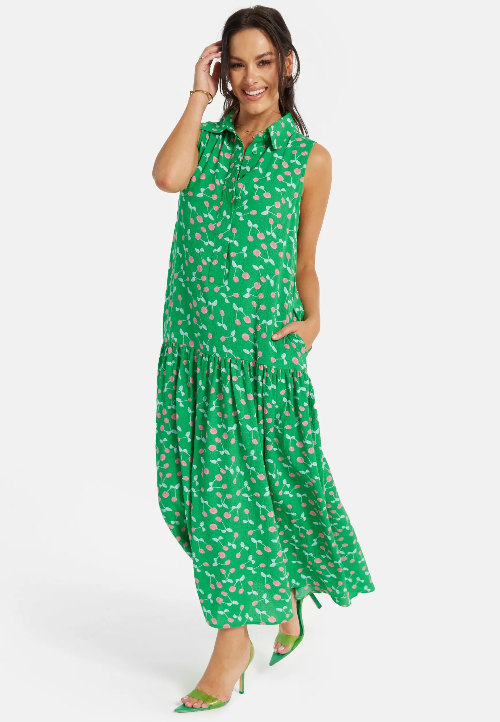 Women's Maxi Dress in Green with Sleeveless Design and Cherry Print by Liquorish