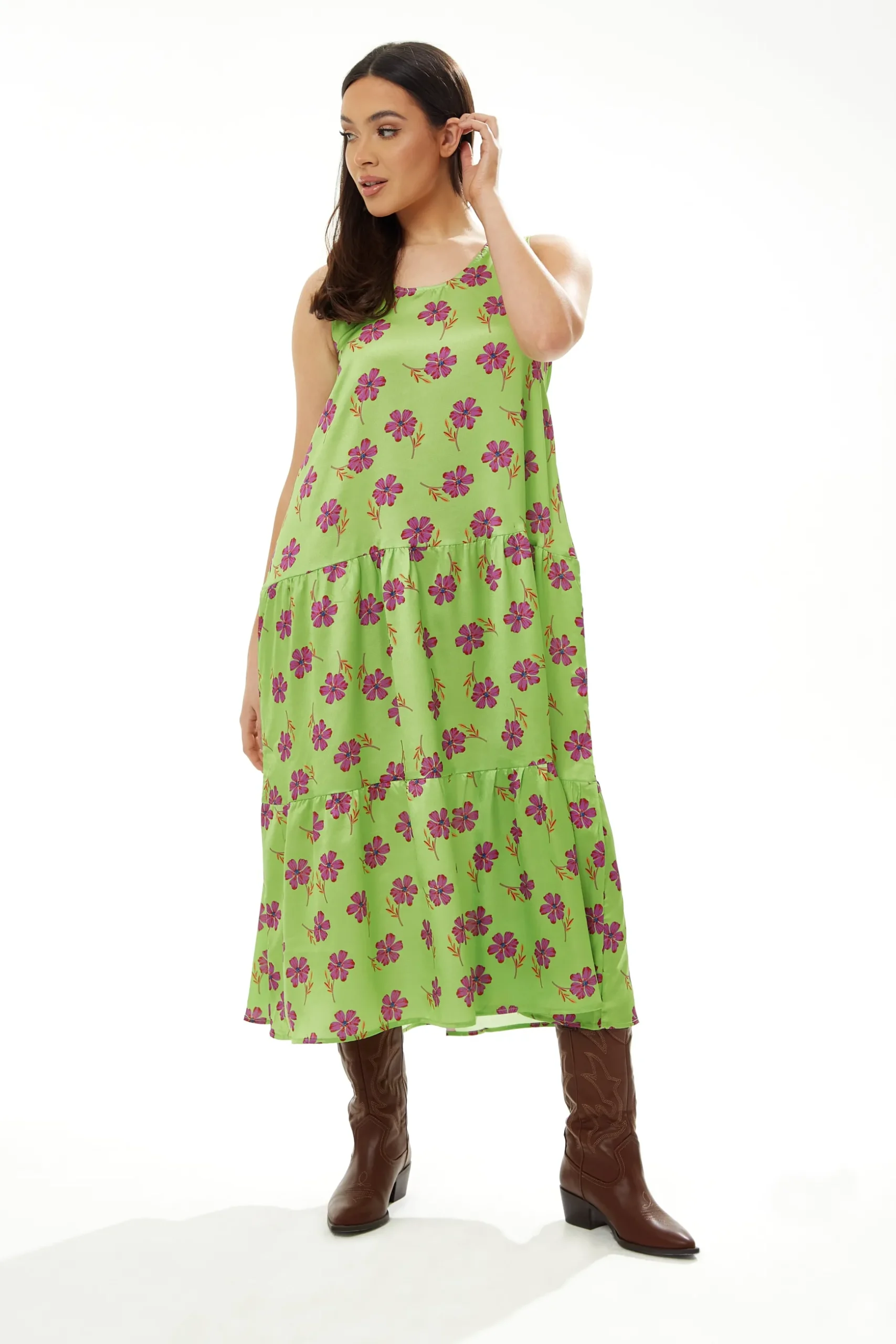Women's Maxi Dress in Green Floral Print with Scoop Neck and Dropped Waist - Liquorish