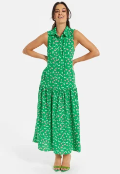 Women's Maxi Dress in Green with Sleeveless Design and Cherry Print by Liquorish