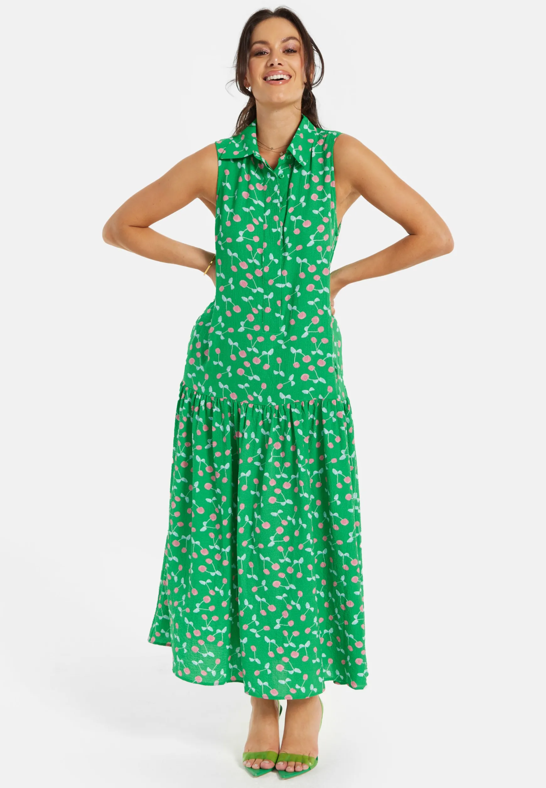 Women's Maxi Dress in Green with Sleeveless Design and Cherry Print by Liquorish