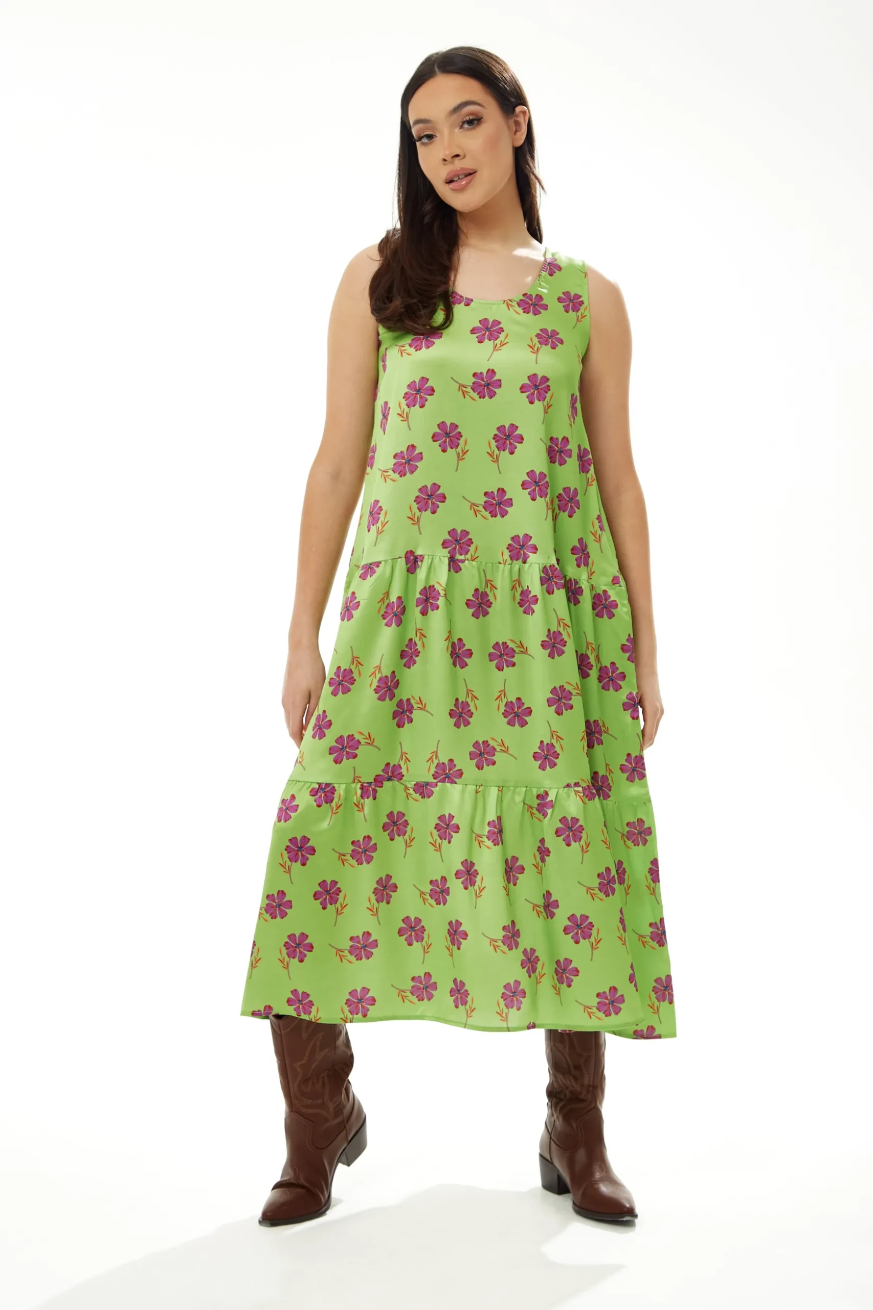 Women's Maxi Dress in Green Floral Print with Scoop Neck and Dropped Waist - Liquorish