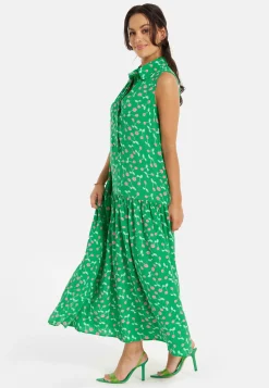 Women's Maxi Dress in Green with Sleeveless Design and Cherry Print by Liquorish