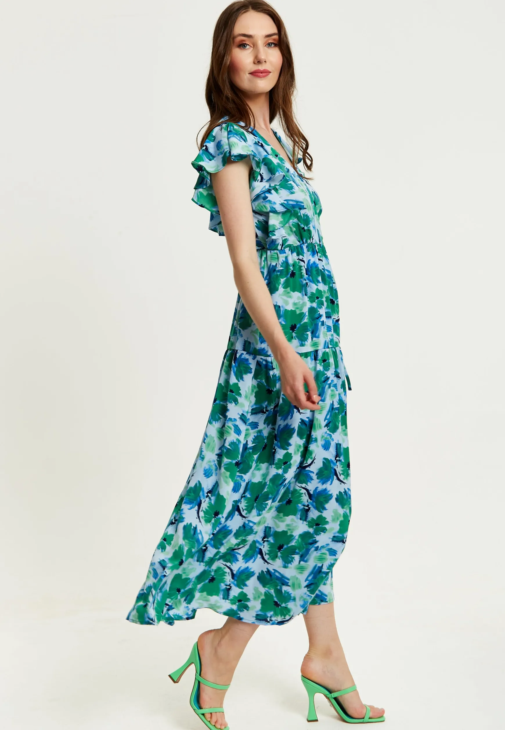 Women's Maxi Dress in Green and Blue with Flouncy Sleeves and Side Tie-Up - Liquorish
