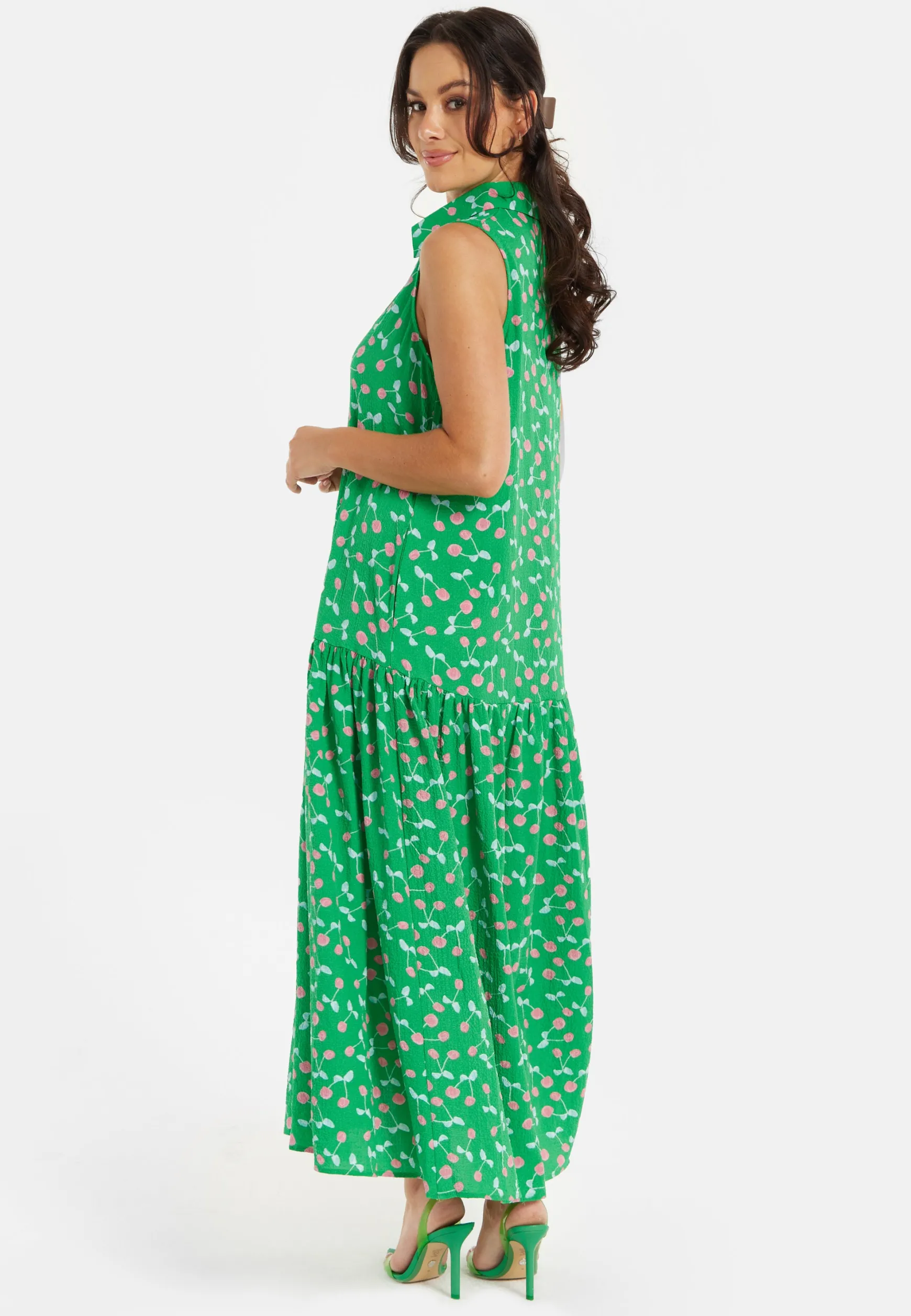 Women's Maxi Dress in Green with Sleeveless Design and Cherry Print by Liquorish
