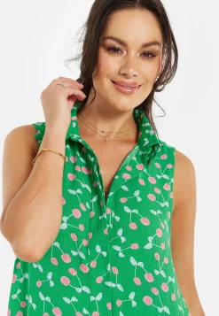 Women's Maxi Dress in Green with Sleeveless Design and Cherry Print by Liquorish