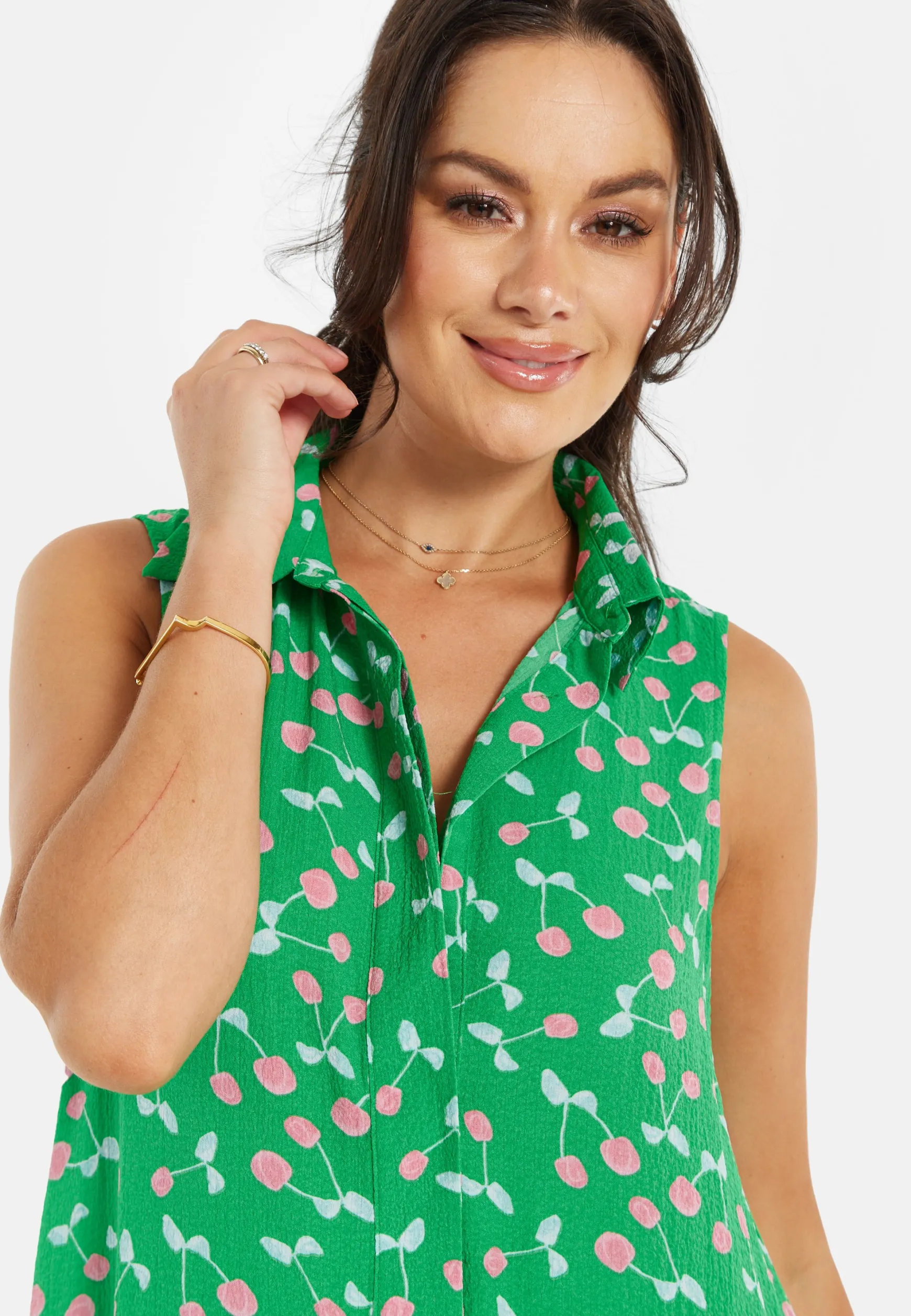 Women's Maxi Dress in Green with Sleeveless Design and Cherry Print by Liquorish
