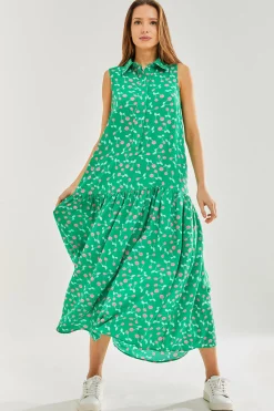Women's Maxi Dress in Green with Sleeveless Design and Cherry Print by Liquorish