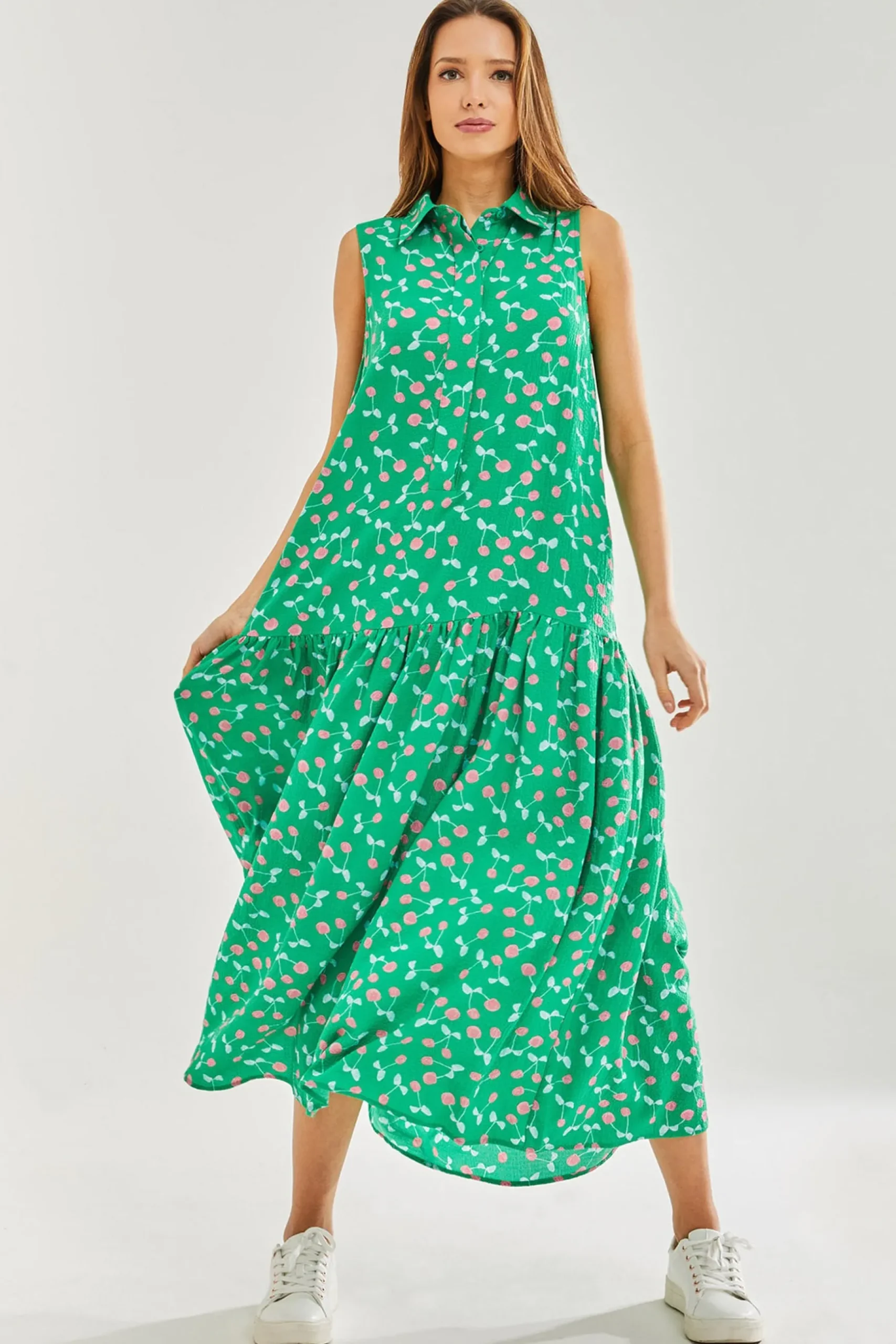 Women's Maxi Dress in Green with Sleeveless Design and Cherry Print by Liquorish