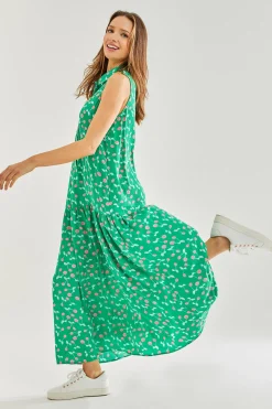 Women's Maxi Dress in Green with Sleeveless Design and Cherry Print by Liquorish