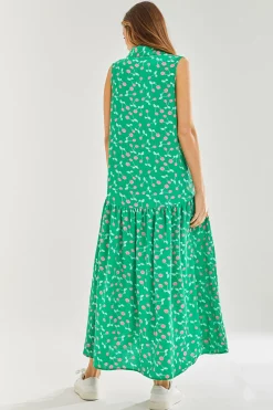 Women's Maxi Dress in Green with Sleeveless Design and Cherry Print by Liquorish