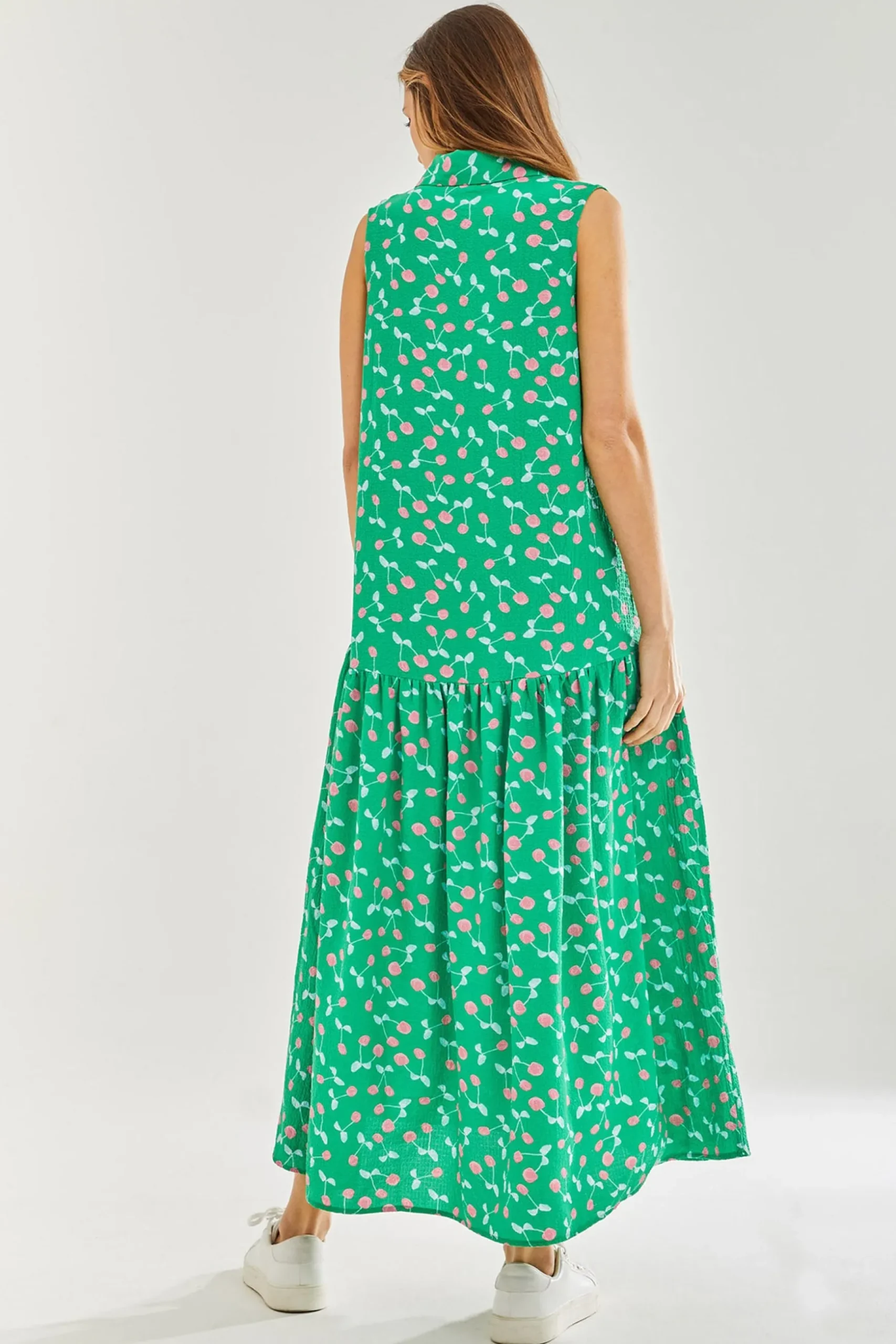 Women's Maxi Dress in Green with Sleeveless Design and Cherry Print by Liquorish