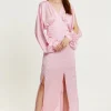 Women's Maxi Dress in Light Pink with Long Sleeve Slits - Elegant Design by Liquorish