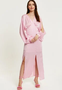 Women's Maxi Dress in Light Pink with Long Sleeve Slits - Elegant Design by Liquorish