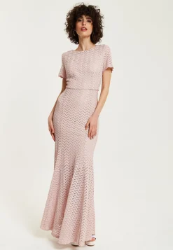 Women’s Maxi Dress in Light Pink with Lace, Short Sleeves, Open Back Detail - Liquorish