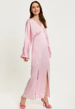 Women's Maxi Dress in Light Pink with Long Sleeve Slits - Elegant Design by Liquorish