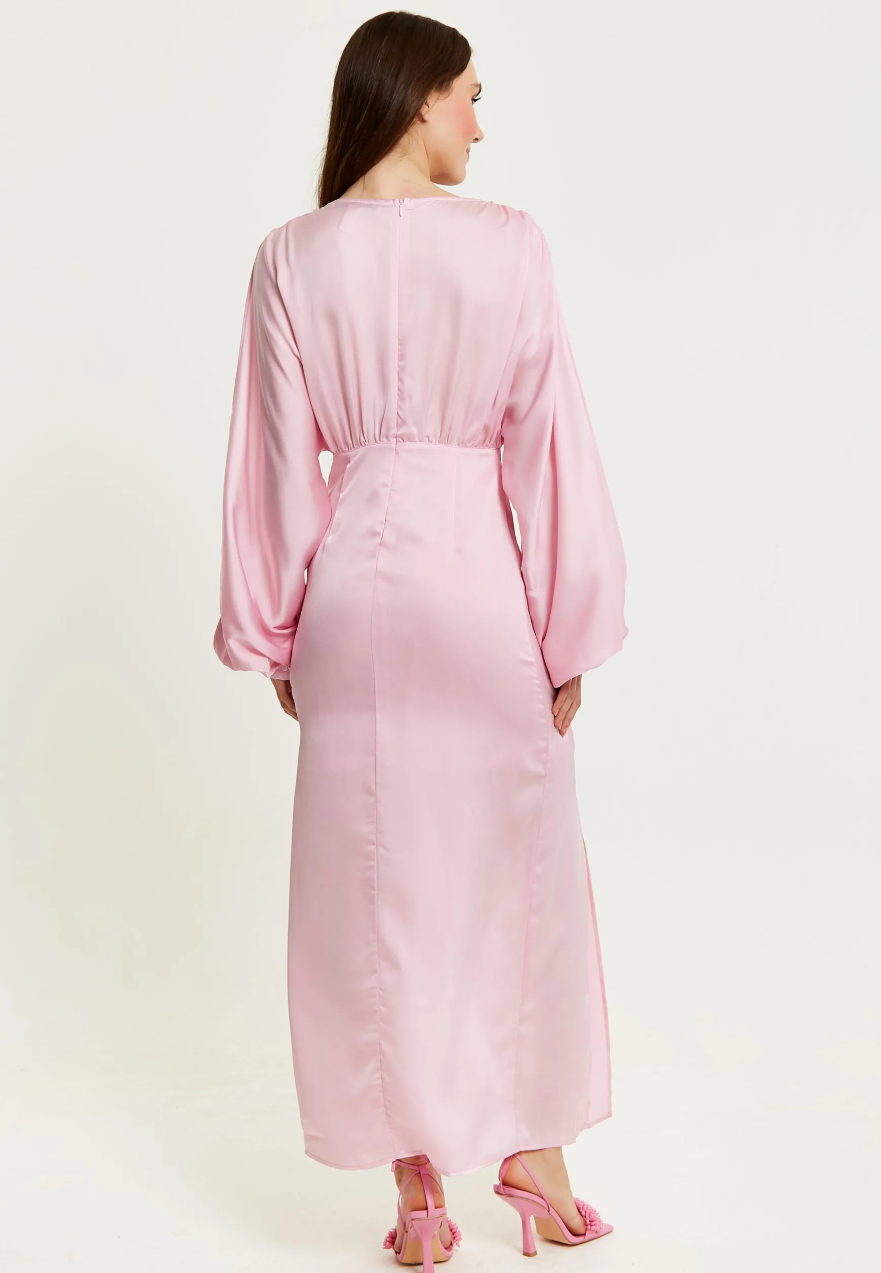 Women's Maxi Dress in Light Pink with Long Sleeve Slits - Elegant Design by Liquorish