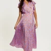 Women's Maxi Dress in Lilac and Orange with Flouncy Sleeves, Cheetah Print Wrap Style by Liquorish