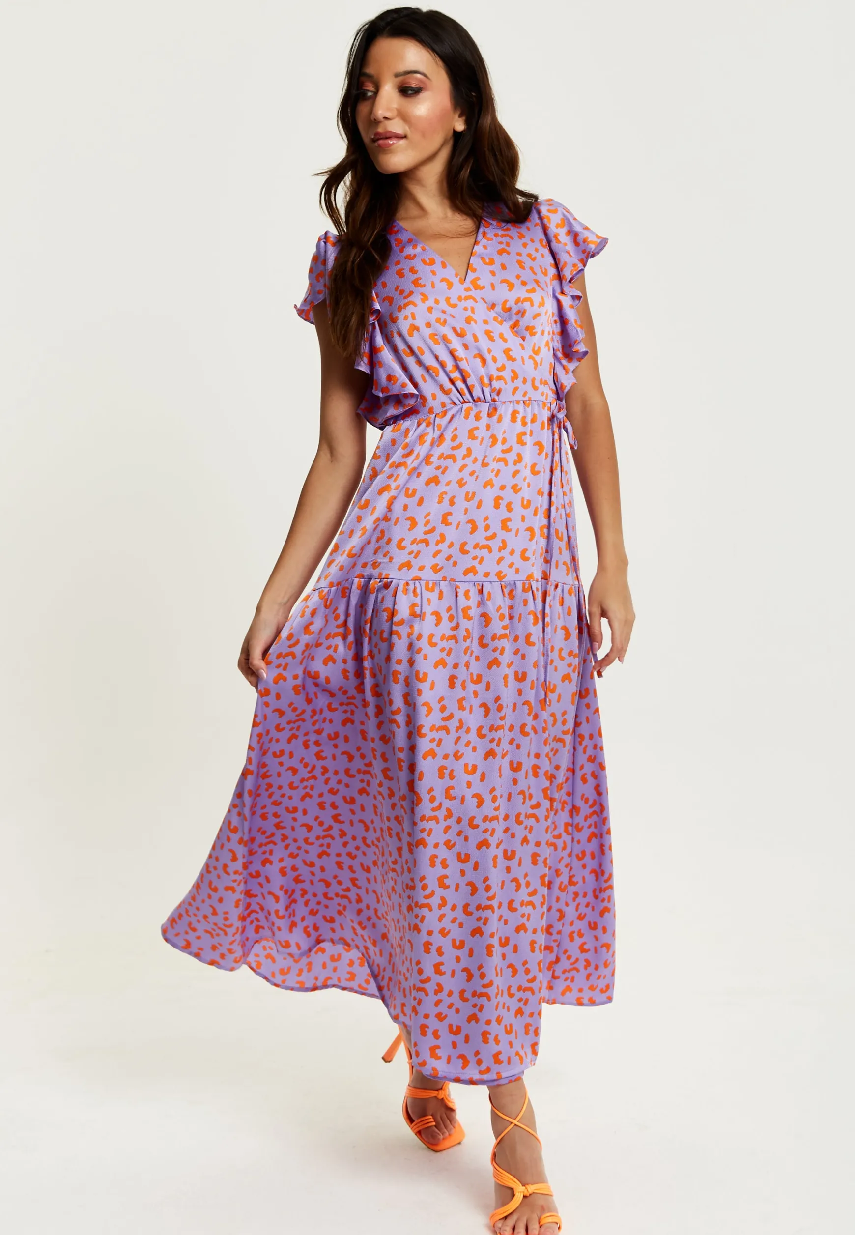 Women's Maxi Dress in Lilac and Orange with Flouncy Sleeves, Cheetah Print Wrap Style by Liquorish