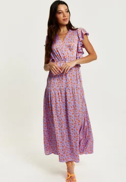 Women's Maxi Dress in Lilac and Orange with Flouncy Sleeves, Cheetah Print Wrap Style by Liquorish